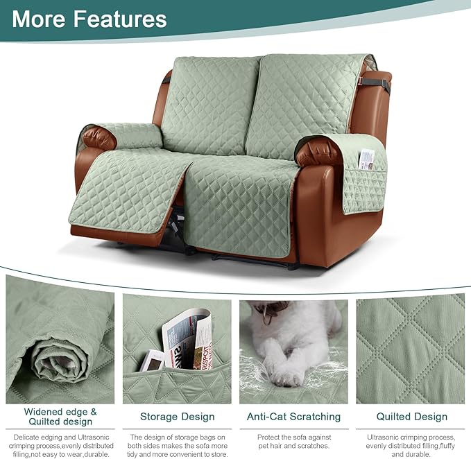 Ruaozz Waterproof Recliner Sofa Cover 1-Piece Couch Covers for Reclining Couches Reclining Sofa Cover Washable Furniture Protector with Elastic Straps Pocket for Kids, Pets (Sage Green, 2 Seater)