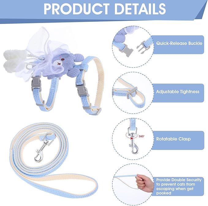 TIESOME Cat Harness and Leash Set, Adjustable Gradient Kitten Harness Escape Proof Harness with Leash for Kitty Outdoor Walking (Ribbon Bear Blue)