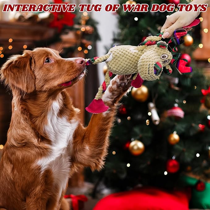 Christmas Squeaky Dog Toys- Interactive Plush Toys with 5 Squeakers- Stuffed Dog Toys for Medium & Large Breeds- Reducing Boredom and Relieving Anxiety (Elk)