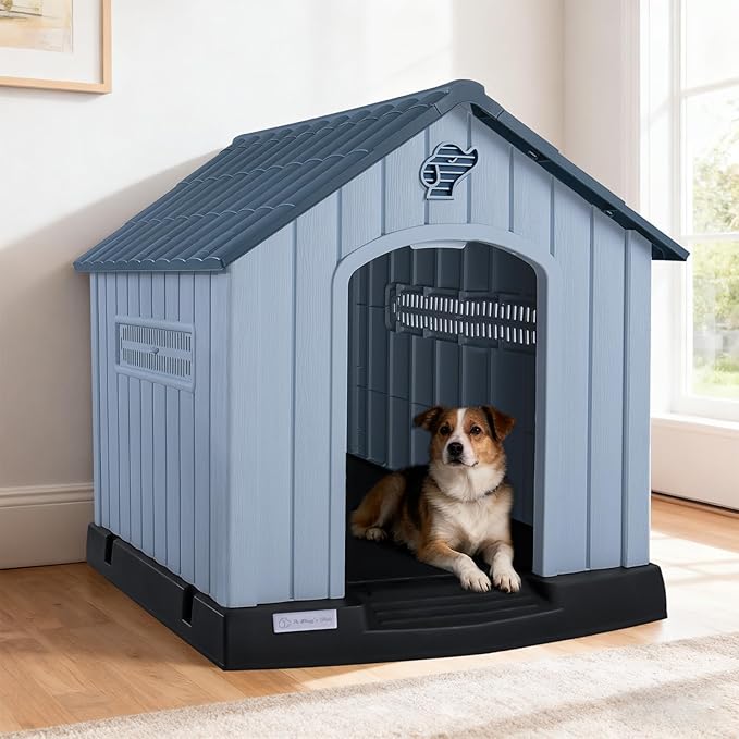 LEMBERI Large Plastic Dog House for Medium Large Dogs, Durable Waterproof Indoor Outdoor Doghouse with Air Vents and Elevated Floor, Easy to Assemble (Blue, 33.5" L x 31.5" W x 33.9" H)