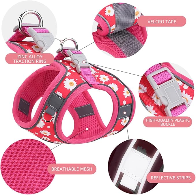Step in Dog Harness and Leash Set, Flower Adjustable Easy Walk Puppy Harnesses, Soft Mesh No Pull Pet Vest Harness for Small Medium Dogs(Strawberry, M)