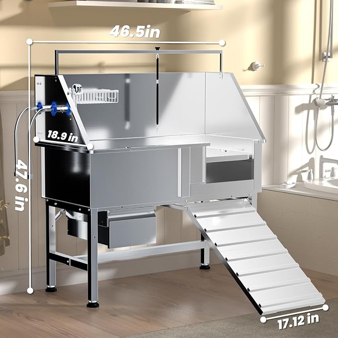 Dog Washing Station for Home, Professional 46" Stainless Steel Dog Bathing Station, Height Adjustable Dog Grooming Tub w/Stair, Storage Drawer, Upgrade Parts(Right ramp)
