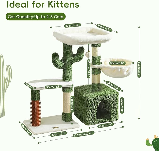 Hoopet 32-Inch Small Cat Tree for Indoor Cats, Cactus Cat Tower with Sisal Scratching Posts, Cozy Condo, Plush Perch, and Hanging Ball, Ideal for Kittens & Small Cats