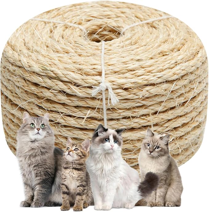 Natural Sisal Rope 1/4 Inch by 49-Feet for Cat Scratching Post Tree Tower Replacement Repair and Replace, DIY Hemp Twine Rope for Kittens Shelves Furniture Window Bed Perch Climbing, 6mm by 15m