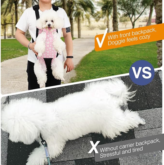 Pawaboo Pet Carrier Backpack, Adjustable Pet Front Cat Dog Carrier Backpack Travel Bag, Legs Out, Easy-Fit for Traveling Hiking Camping for Small Medium Dogs Cats Puppies, Small, Black + Pink Daisy