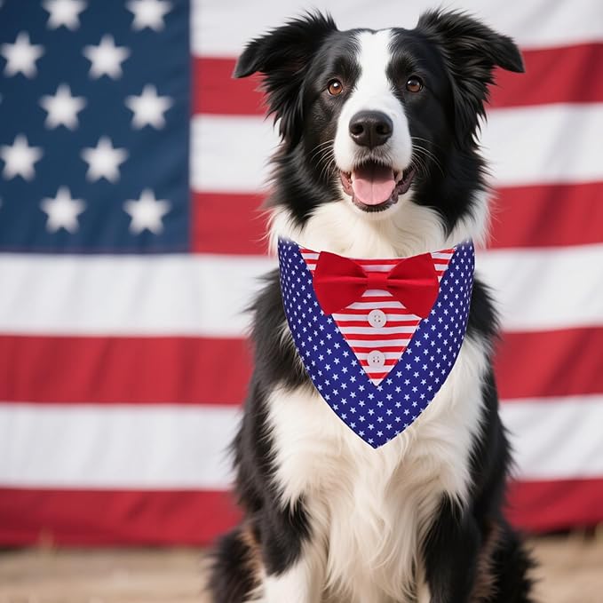 ADOGGYGO American Flag Dog Tuxedo Bandana, Red Blue Pet Tux with Bowtie Adjustable 4th of Julty Bandana Costume for Medium Dogs Pets (M)