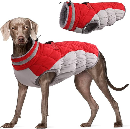 FUAMEY Dog Coat for Large Dogs,Waterproof Dog Winter Jacket with Harness Built in Puppy Cold Weather Coats Reflective Pet Vest with Zipper Warm Fleece Dogs Snowsuit Windproof Red L