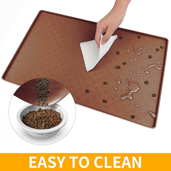 Ptlom Pet Placemat for Dog and Cat, Waterproof Silicone Pet Feeding Bowl Mats for Food and Water, Small Medium Large Dogs Mat Prevent Residues from Spilling to Floor, Brown, 31.5" 23.6"