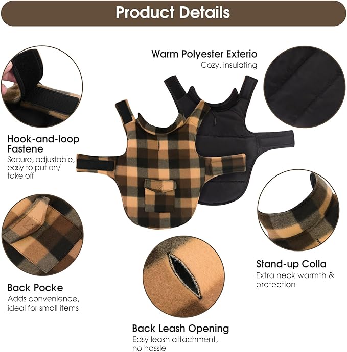 ASENKU Dog Winter Jacket Plaid Reversible Vest, Waterproof Dog Coat for Cold Weather, Perfect for Small to Large Dogs (Coffee, 2XL)