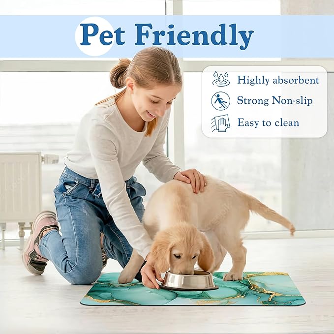 Green Marble Pet Feeding Mat for Floors–Absorbent Quick Dry Dog Cat Bowl Mat for Food and Water, Non Slip Waterproof Base, Mess-Free Feeding Accessories 16"x24"