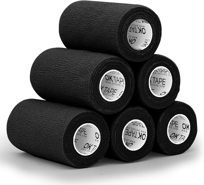 OK TAPE Self Adherent Cohesive Bandages Wrap - 6Packs, 4" x 5 Yards, Non-Woven Self Adhesive Bandage Wrap for Thumb, Finger, Wrist, Ankle, Vet Wrap Bandages Tape (Black)