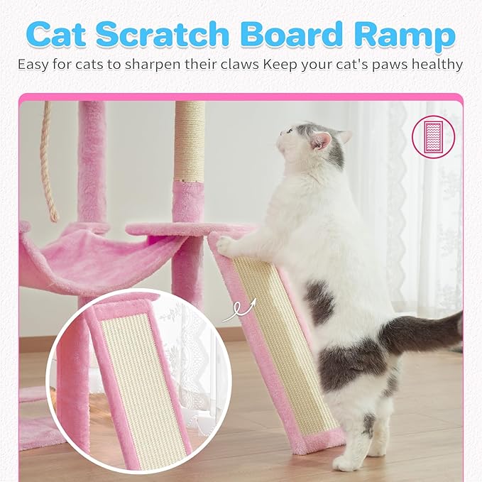 Cat Tree Tower 63in Multi-Level Cat Tower for Indoor Cats with Sisal Scratching Posts, Condo, Hammock, Dangling Ball and Extended Platform for Cats to Play, Pink