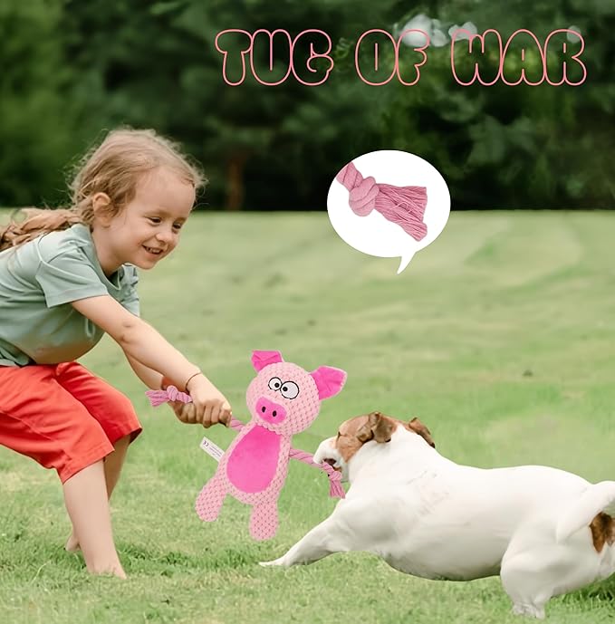 Cotton Rope Squeaky Dog Toy with Crinkle Paper – Interactive Plush Chew Toy for Small & Medium Puppies, Pig Design