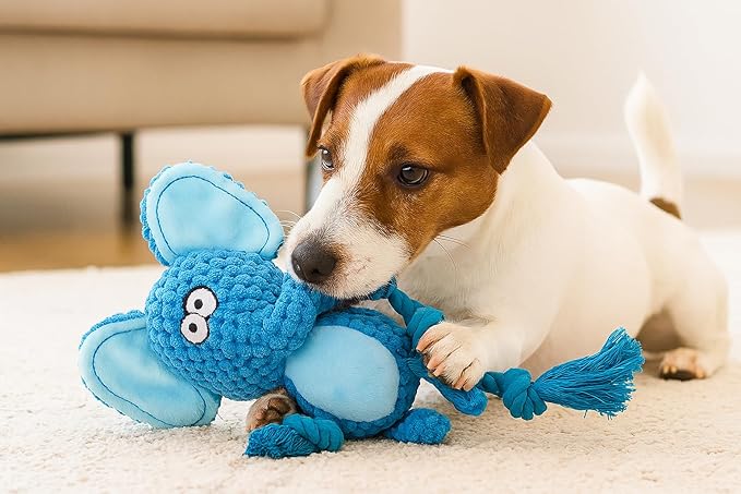 Cotton Rope Squeaky Dog Toy with Crinkle Paper – Interactive Plush Chew Toy for Small & Medium Puppies, Elephant Design