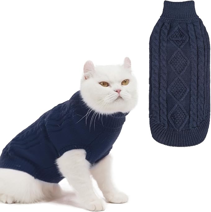 BINGPET Cat Sweater,Thermal Knitted Kitten Clothes Winter Coat,Classic Knit Turtleneck Cat Sweaters for Cats Only,Warm Pet Clothes for Kittens & Small Dogs Puppy Boy Girl Indoor Outdoor(Navy Blue,M)