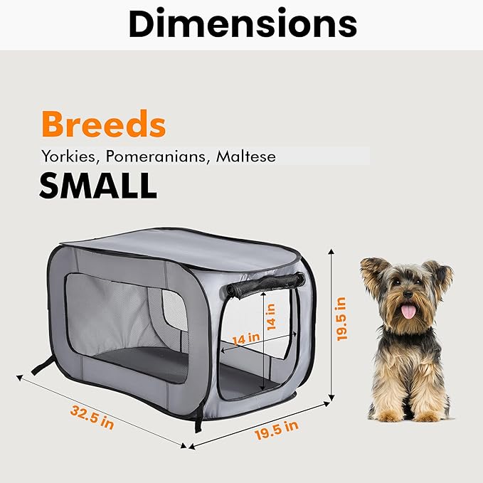 Beatrice Home Fashions Portable, Collapsible, Pop Up Kennel Travel Cat and Dog Crate, 32.5" L x 19.5" W x 19.5" H, Gray