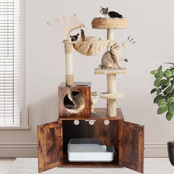 Cat Tree with Litter Box Enclosure, 2-in-1 Cat Tower for Indoor Cats, Large Wood Cat Condo with Basket, Scratching Posts, Pompoms, Rustic Brown