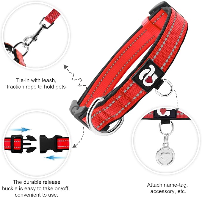 azuza Reflective Dog Collar with Airtag Holder, Soft Neoprene Padded Pet Collar with ID Tag Ring, Adjustable for Medium Dogs,Red,XS