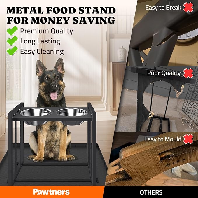 Elevated Dog Bowls for Medium Breed: 4 Height Adjustable Raised Dog Bowl with Metal Stand, Feeder Station with 2 Stainless Steel Bowls, Black with Feeding Mat