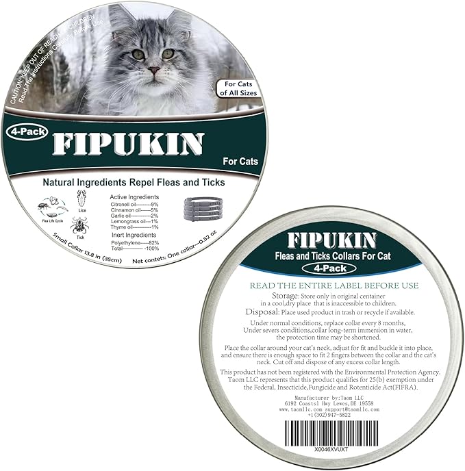 Natural Ingredients Flea Collar for Cats, Safe and Effective Flea and Tick Repellent, Waterproof, 8 Months Protection Each, Free Comb and Tick Scoop, One Size Fits All, 13.8 inch, 4-Pack