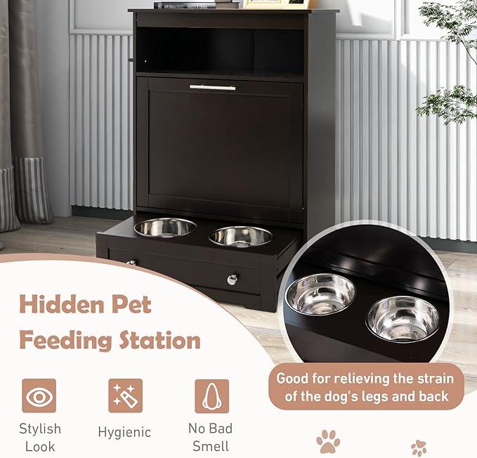 Dog Food Cabinet Feeding Station with 2 Raised Bowls, Pull Out Elevated Dog Bowl, Storage, 3 Hangers, Pet Feeder Toy Leashes Organizer, Brown