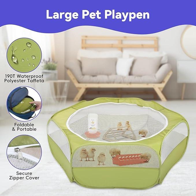 Pawaboo 5-in-1 Chicken Brooder Box for Chick Starter Kit, Includes Pet Cage Tent, Chicks Perch, Chick Feeder, 1.1L Chicks Waterer, Baby Chicken Supplies (Brooder Set), Green + Red + Wood Color