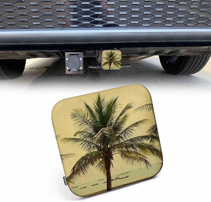 Trailer Hitch Cover Plug Palm Trees, Vintage Hawaii Ocean Beach Palm Leaves Trailer Hitch Cover Plug Cap Insert Fits 2" Receivers Black Receiver Tube Hitch Plug for RVs SUVs and Cars