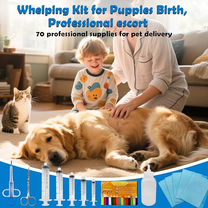 Whelping Kit for Puppies Birth - Reusable Birthing with 70Piece,Birthing Essentials with Emergency Whelping Supplies,Kitten Bottle Feeding kit for New Born Puppy Supplies and Kitten
