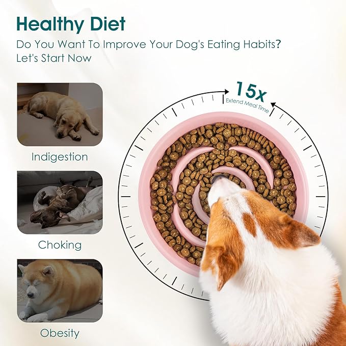 vancasso Slow Feeder Dog Bowl, 1.5 Cups Ceramic Slow Feeder for Medium Breed, Puzzle Maze Food Dog Bowl for Fast Eater, Pink