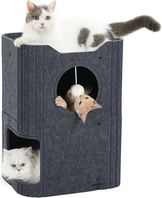 Cat House for Indoor Cats Cat Bed Cave 2-Storey Cats Condo with Cozy Felt Covered Hideaway for Multiple Pets Dark Grey