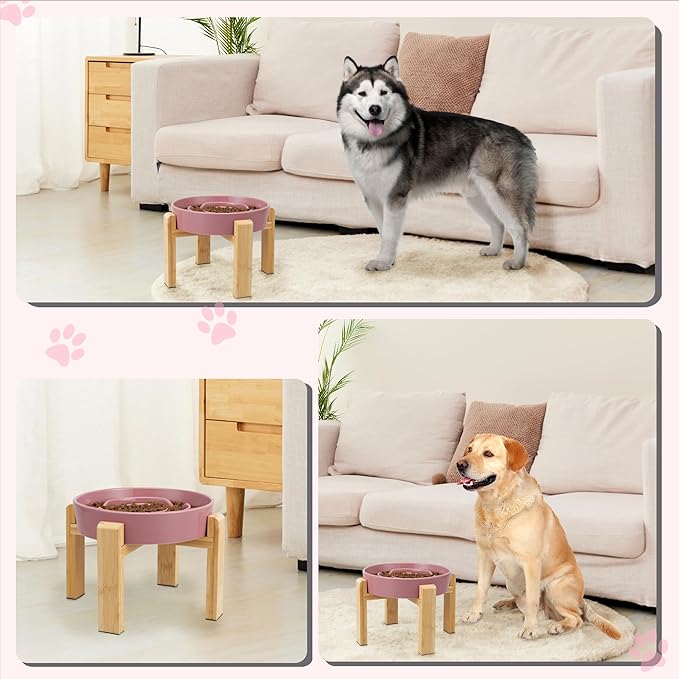 Elevated Slow Feeder Dog Bowl - Ceramic Food Dish with Bamboo Stand - Raised Maze Design - Ideal for Medium to Large Dogs - Pink - 8.8 inch