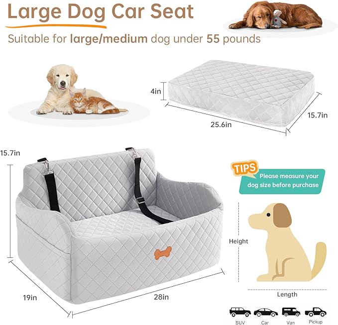 Car Seat for Large Size Dog, Booster Seat for Dogs Under 55 lbs or 2 Small Dogs, Soft Car Dog Bed Filling in Thick Memory Foam with 2 Safety Leashes and Storage Pocket (Grey)