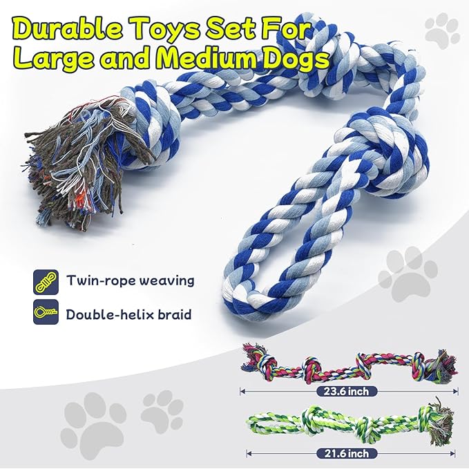 Rocfish [4 Pack] Dog Rope Toys for Aggressive Chewers, Nearly Indestructible Tug of War Toys for Large & Medium Dogs, 100% Cotton, Teeth Cleaning Chew Rope, Heavy Duty Tug of War Dog Toy for Boredom