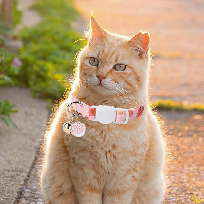 Unique Style Paws Kitten Collar,Cute Cat Collar with Bell,Kitten Collar Breakaway Buckle with Strawberry,Pumpkin Pattern,Adjustable Halloween Cat Collar,Ideal Gift for Boy Girl Cats