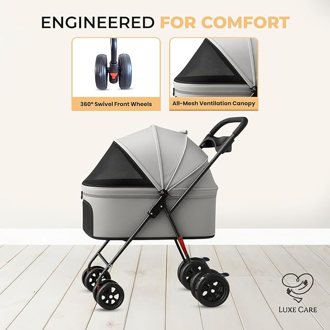 4 Wheel Foldable Pet Stroller - Lightweight Dogs and Cats Stroller Upto 44lbs with Mesh Canopy, Storage Basket and Cup Holder, Durable for Walks and Outings (Small)