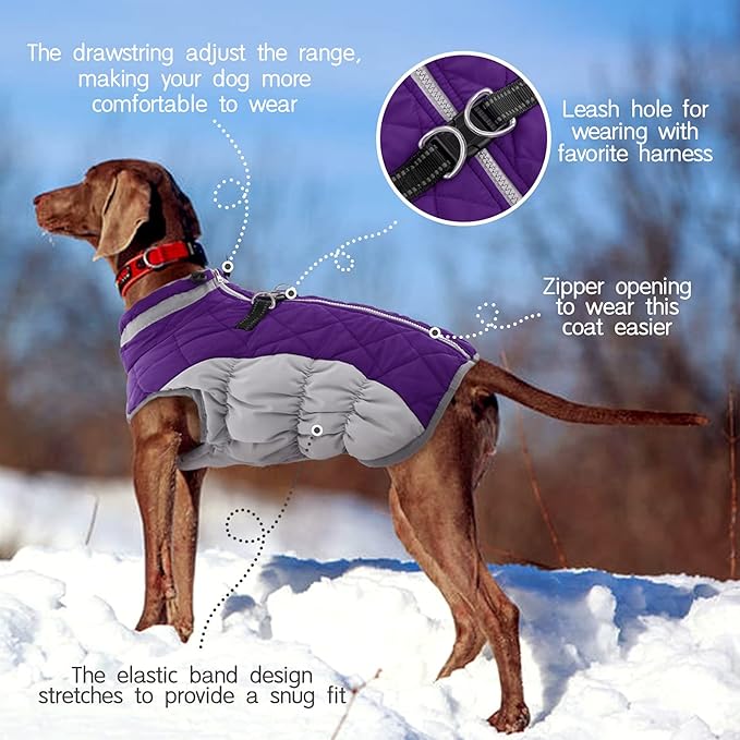 FUAMEY Dog Coat for Medium Dogs,Waterproof Dog Winter Jacket with Harness Built in Puppy Cold Weather Coats Reflective Pet Vest with Zipper Warm Fleece Dogs Snowsuit Windproof Purple M