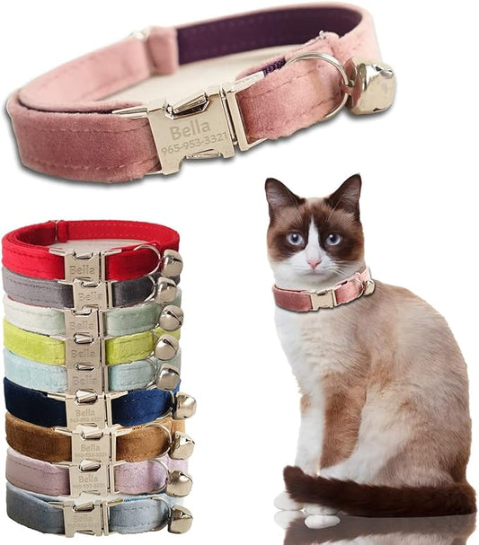 Personalized Cat Collar with Custom Name Plate with Bell, Adjustable Velvet Tough Nylon Cat ID Collars, Customize Engraved Metal Buckle Pet Name and Number