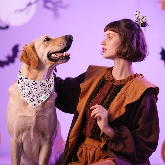 E-Clover Halloween Dog Bandanas & Matching Scrunchie Set Girl Cute Pink Pumpkin Dog Scarf Bibs Pet Bandana with Bow Tie for Medium Large Dogs Owner Mom