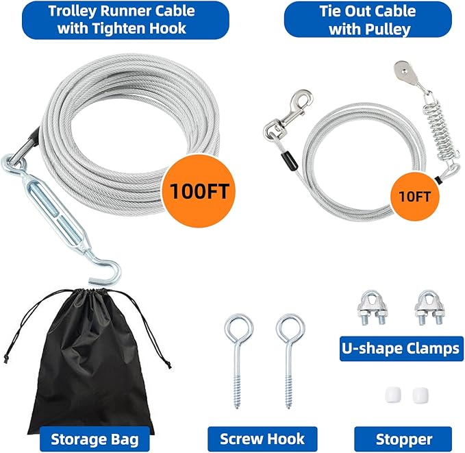 100FT Dog Runner for Yard with 10FT Tie Out Cable - Heavy Duty Trolley System for Large Dogs Up to 250LBS, Backyard/Park/Camping Use (Silver, 100FT+10FT)