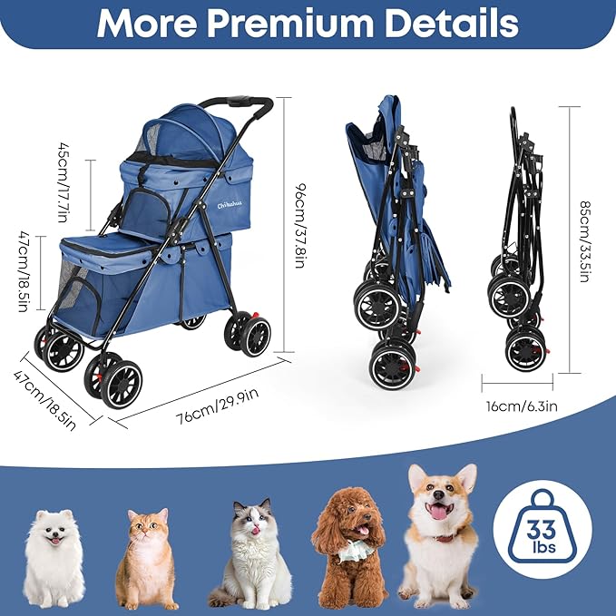 Double Pet Stroller for Dogs and Cats,Cat Strollers for 2 Cats,Double Dog Stroller for 2 Small Medium Dogs,4 Lockable Wheels/Lightweight/Folding,Navy Blue