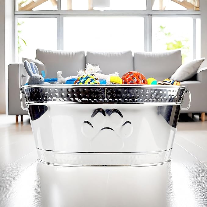 BREKX Metal Indestructible Dog Toy Bin - Steel Dog Toy Basket with Handles, Pet Storage Box, Oval for Blankets, Leashes, & Ropes for Aggressive Chewers - Pawprint Design Home Decor (Silver)