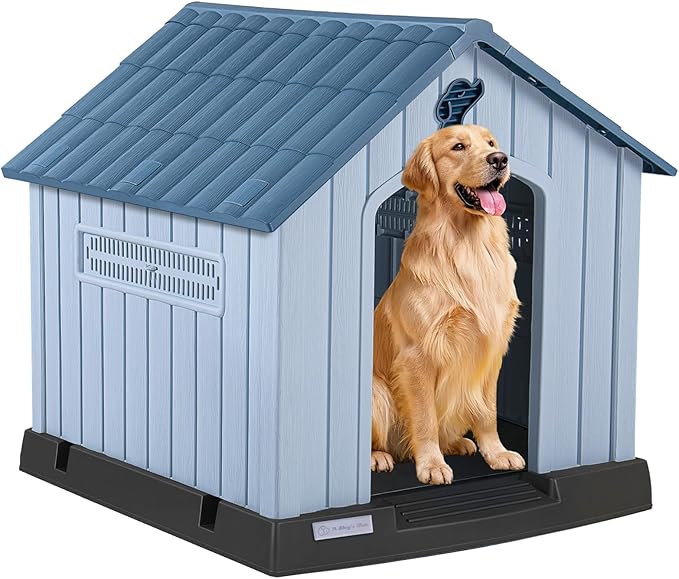 LEMBERI Large Plastic Dog House for Medium Large Dogs, Durable Waterproof Indoor Outdoor Doghouse with Air Vents and Elevated Floor, Easy to Assemble (Blue, 33.5" L x 31.5" W x 33.9" H)