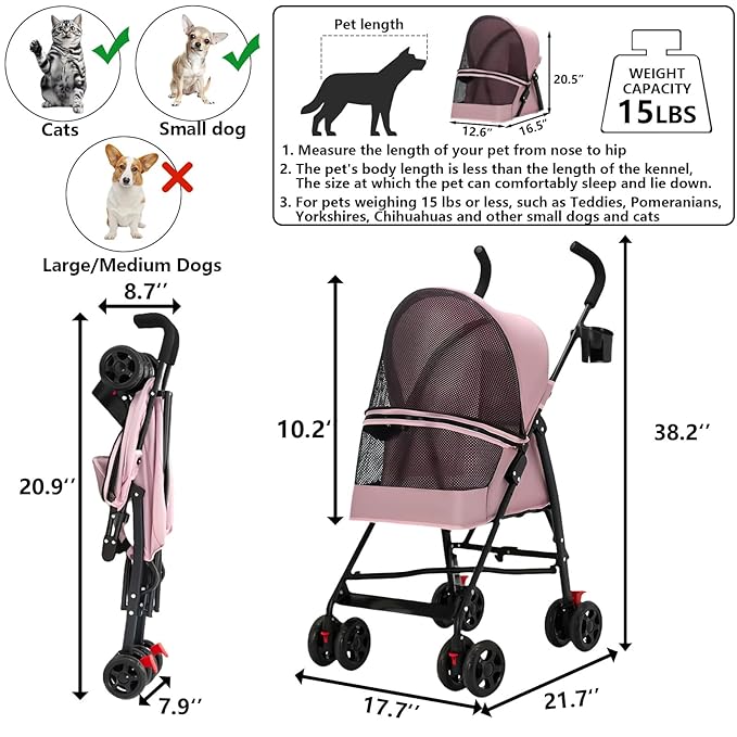 Pet Stroller for Small Dogs and Cats,CYUmail 4 Wheels Foldable Dog Stroller,Puppy Carrier for Small Dogs 0-15 lbs w/Cup Holder,Breathable Visible Mesh,Pink