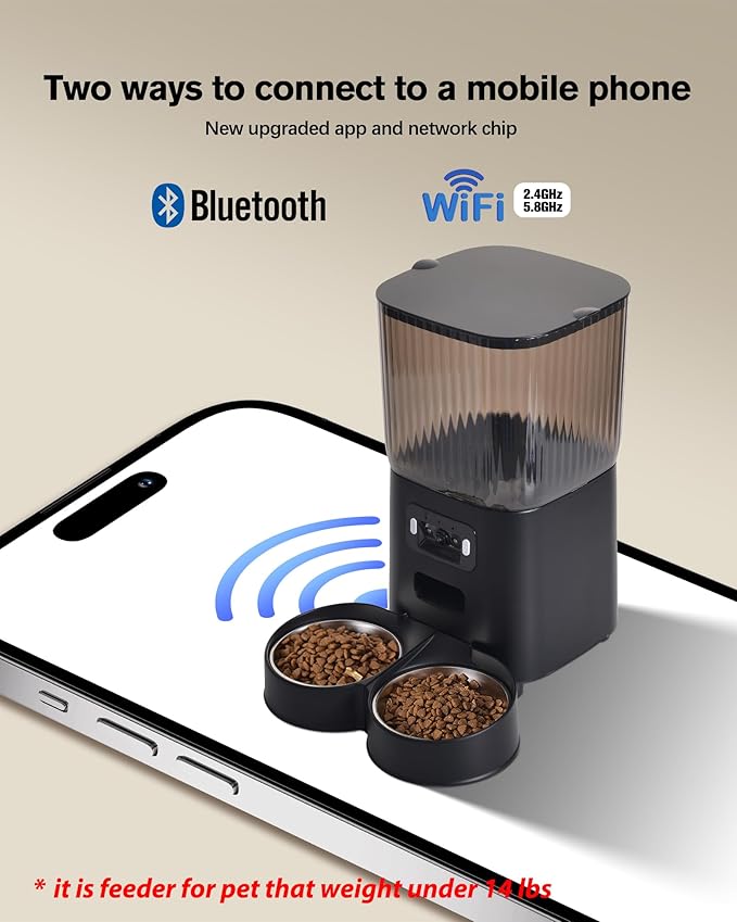 Automatic Cat Feeder, Camera Auto 2 Cats Dispenser 5L Microchip WiFi 2.4G&5G Timed Dual Pet Smart APP Dry Food Self Feeding Container Station (Black)