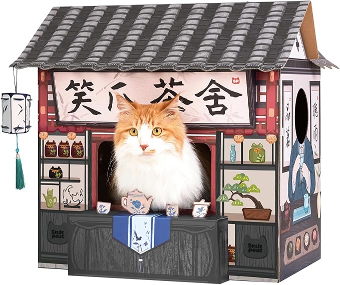 SMILE PAWS Cat Beds for Indoor Cats, Cardboard House with Scratchers, Tea House, Large Sturdy Cat Furniture Condo Cave Tent, Easy to Assemble Pet Toys Accessories Stuffs, Bunny Small Animals