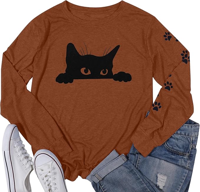 JINTING Cat Shirts for Women - Loose Fit Lightweight Long Sleeve Graphic Tee Fall Printed Crewneck Blouse Casual Tops