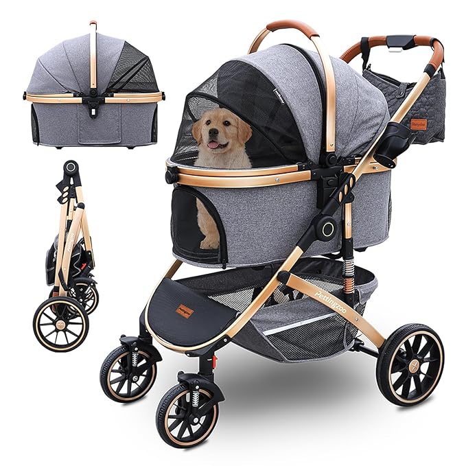 Pettingzoo Dog stroller with 4 Wheels, Folding Cat Stroller for Small/Medium/Large dogs & cats to 60 lbs, pet stroller with removable carrier, Storage BasketCup Holder,3 in1 Multifunctional Detachable