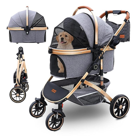 Pettingzoo Dog stroller with 4 Wheels, Folding Cat Stroller for Small/Medium/Large dogs & cats to 60 lbs, pet stroller with removable carrier, Storage BasketCup Holder,3 in1 Multifunctional Detachable