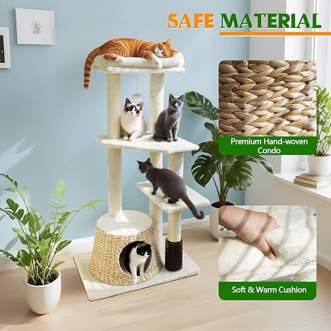 43.6” Rattan Cat Tree Tower with Woven Cat House - Multi-Level Condo & Scratching Posts - Sisal Poles, Grooming Brush, Plush Perch & Dangling Toy, Stylish Cat Furniture for Indoor Cats