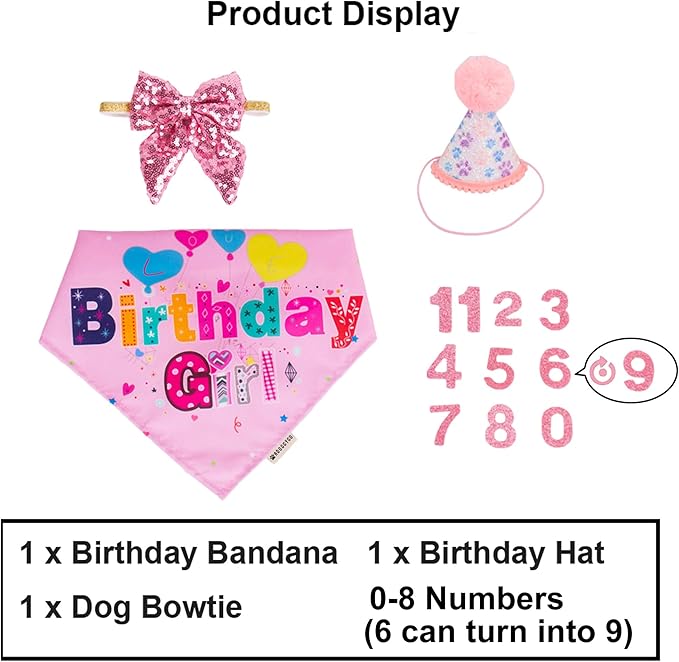 ADOGGYGO Dog Birthday Party Supplies, Pink Girl Puppy Birthday Bandana Hat Numbers Bow Set for Small Dogs Pets (Small)